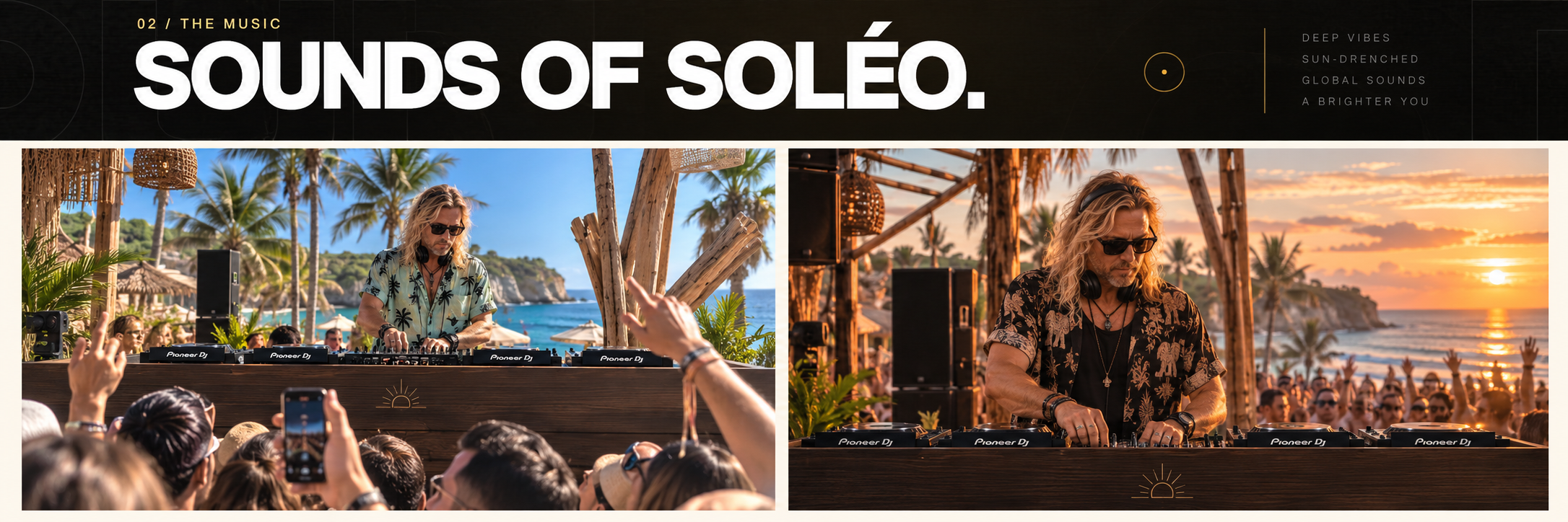 SOLÉO performing on a tropical beach with the wooden DJ booth barrier
